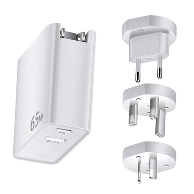 Foldable 65w Uk Eu Au Us Travel Plug Adapter With 1 Usb-c Pd and 1 Usb-a Qc3.0 Worldwide Universal Charger for Laptops