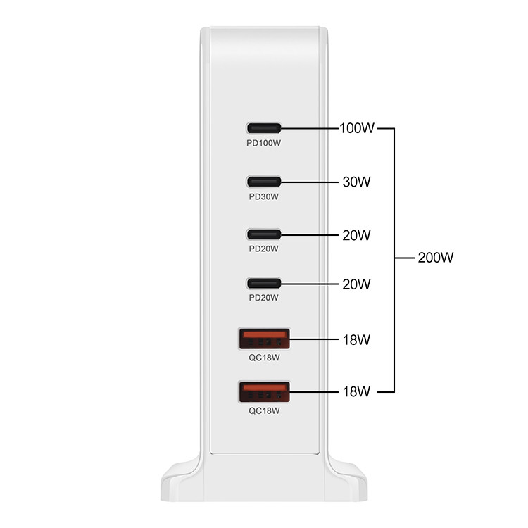 PD GaN Fast Charger 200W 6 Port Mobile Phone Desktop Multiport Charger USB TYPE C Charging Station for Cellphone Laptop