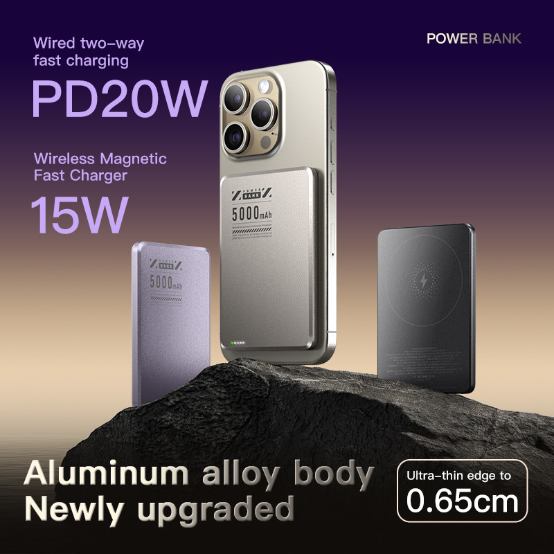 New 2-in-1 Ultra-thin Aluminum Alloy Mini Magnetic 15W 5000mAh Wireless Fast Charging Power Bank