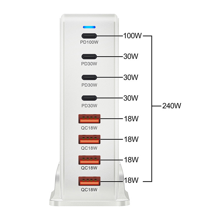 Universal 240W Fast Charging 8 Port PD & QC USB Tower Hub 4C4A PD GaN Charger Box