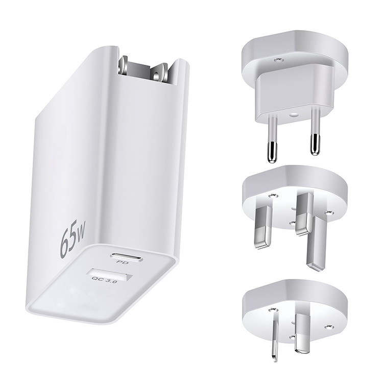 Foldable 65w Uk Eu Au Us Travel Plug Adapter With 1 Usb-c Pd and 1 Usb-a Qc3.0 Worldwide Universal Charger for Laptops