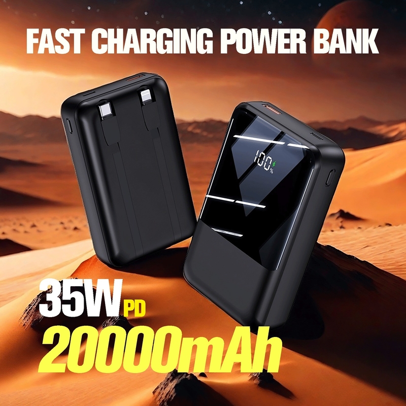 2024 Hot Sale 20000mAh 35W Super Fast Charging Power Bank Station With LED Display Built in Double-Cable Power Bank